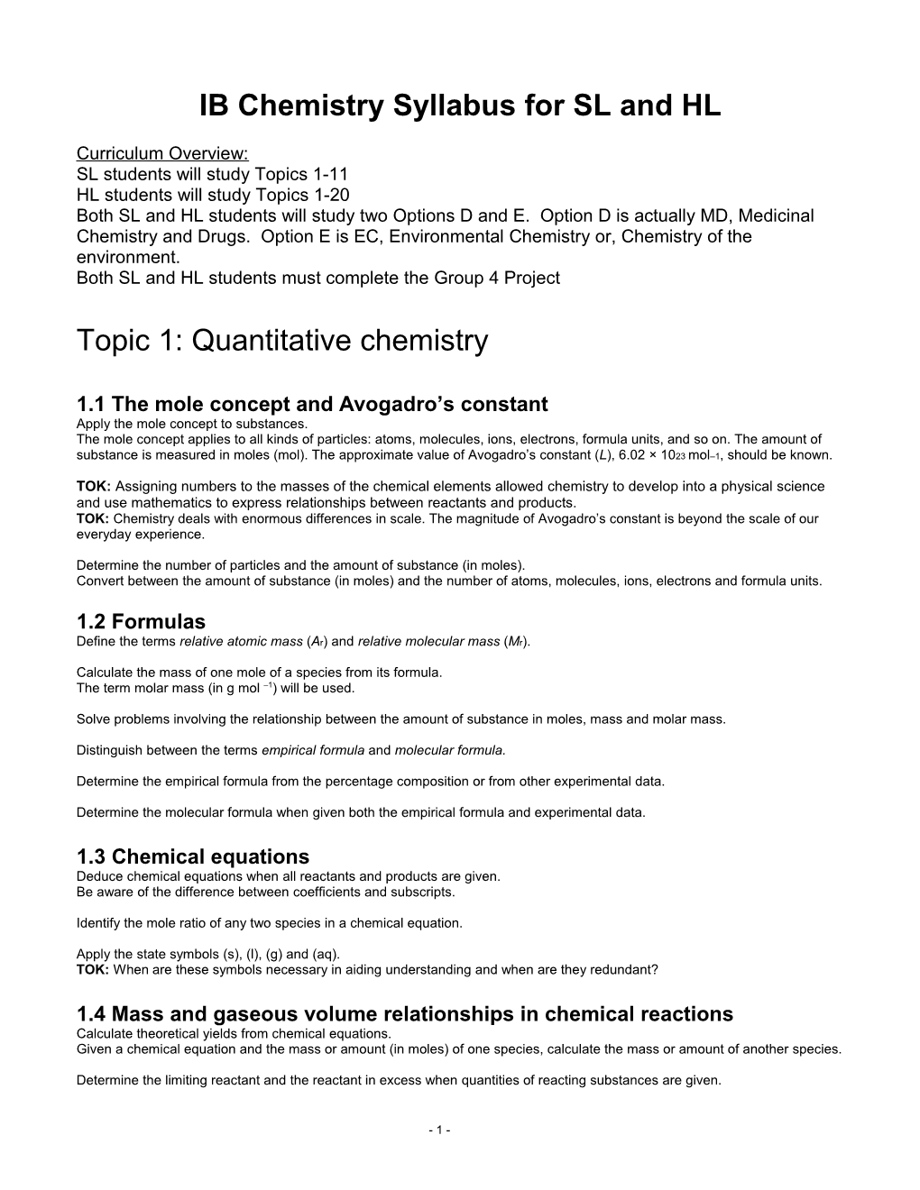 Topic 1: Quantitative Chemistry (12