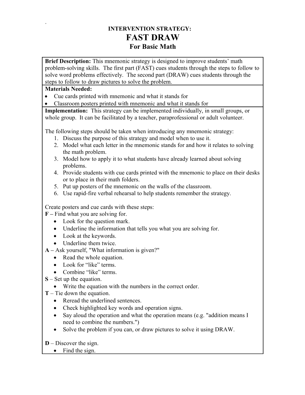 Cue Cards Printed with Mnemonic and What It Stands For