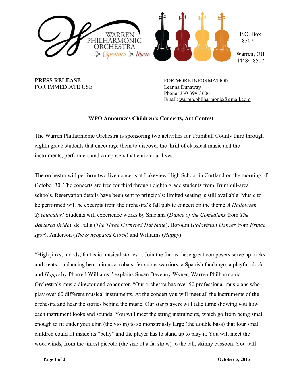 WPO Press Release: WPO Announces Children S Concerts, Art Contest