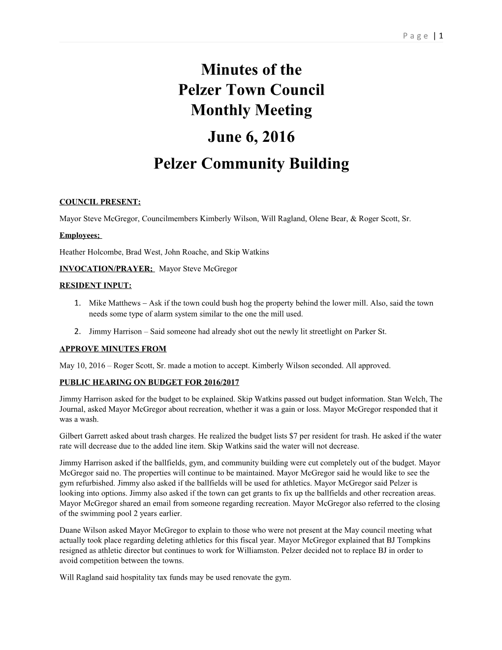 Pelzer Town Council