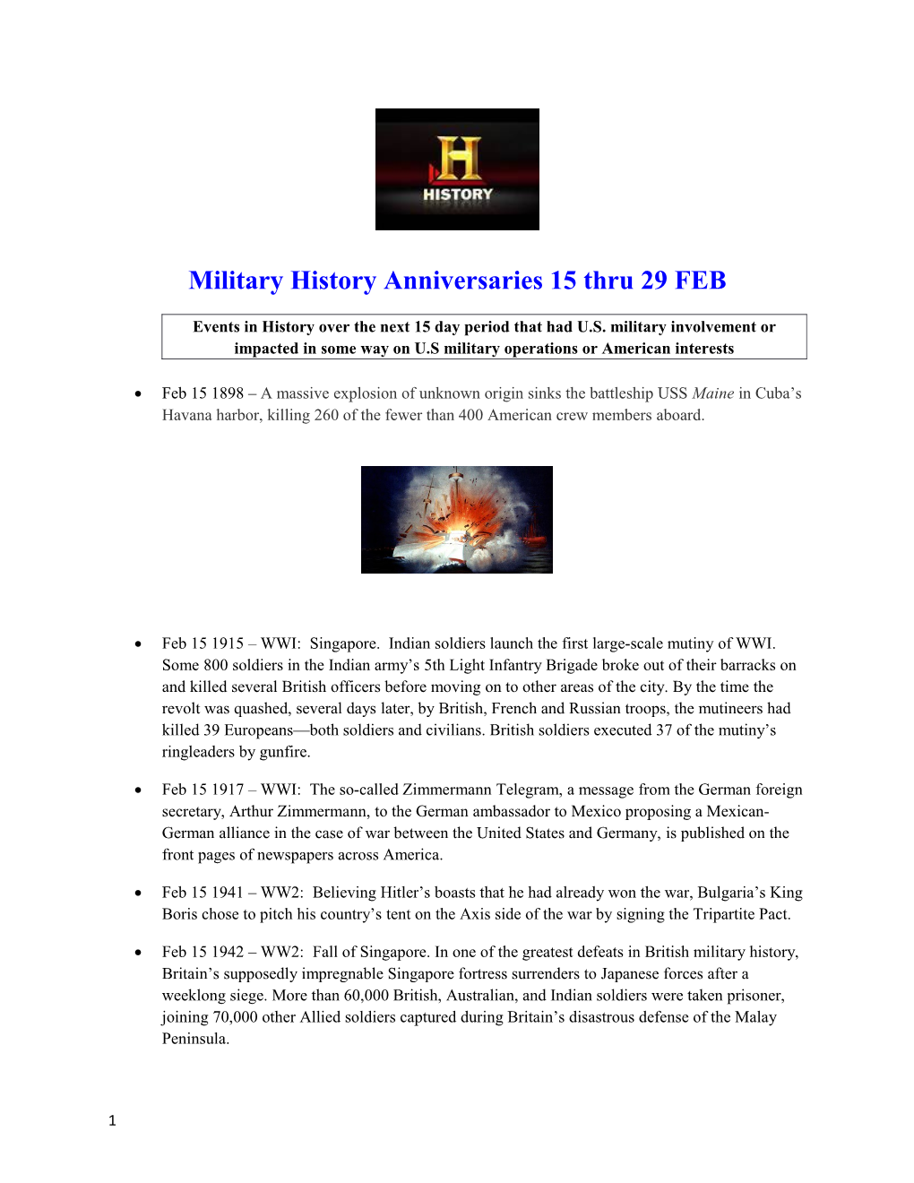 Military History Anniversaries15thru 29FEB