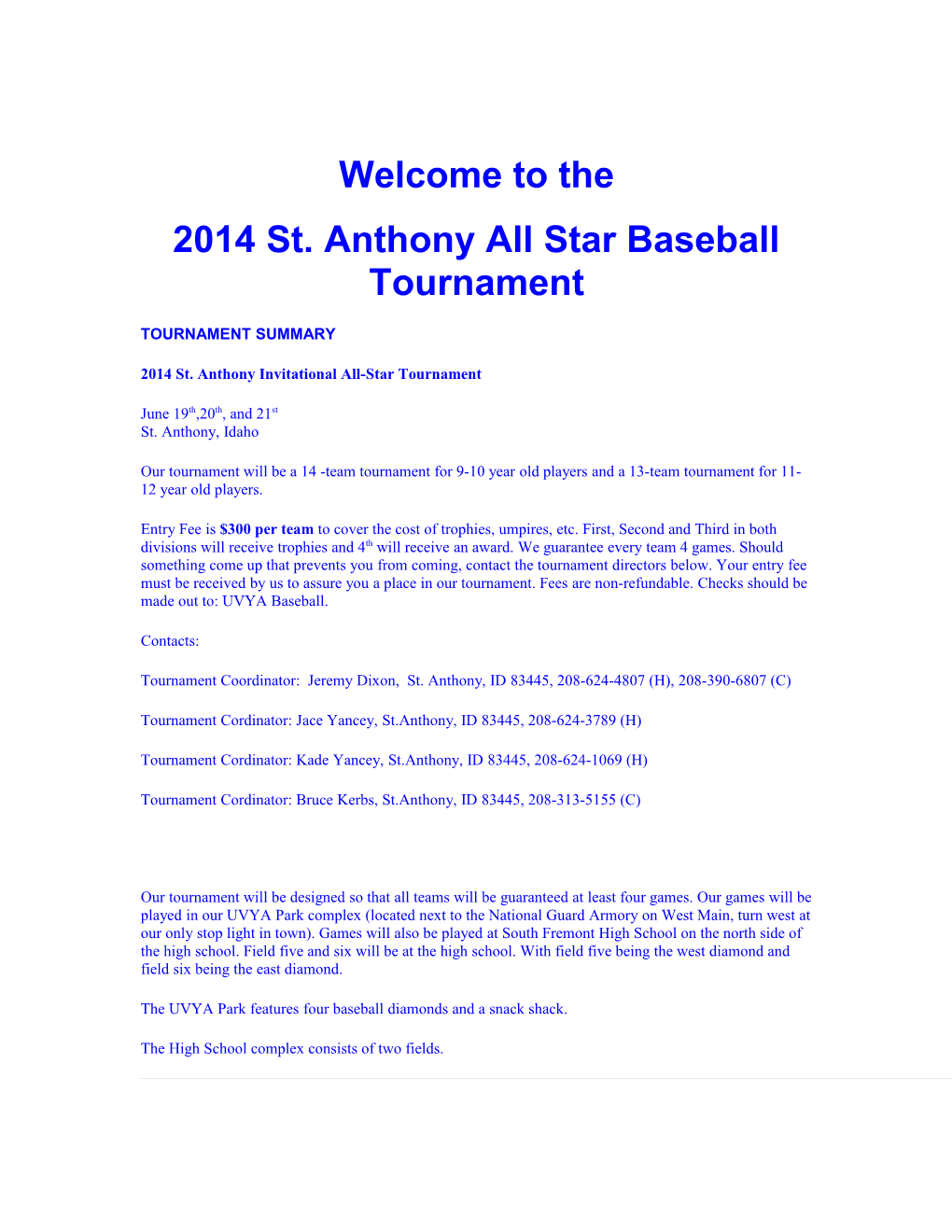 2014 St. Anthony All Star Baseball Tournament