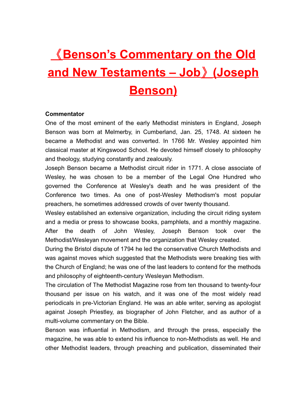 Benson S Commentary on the Old and New Testaments Job (Joseph Benson)