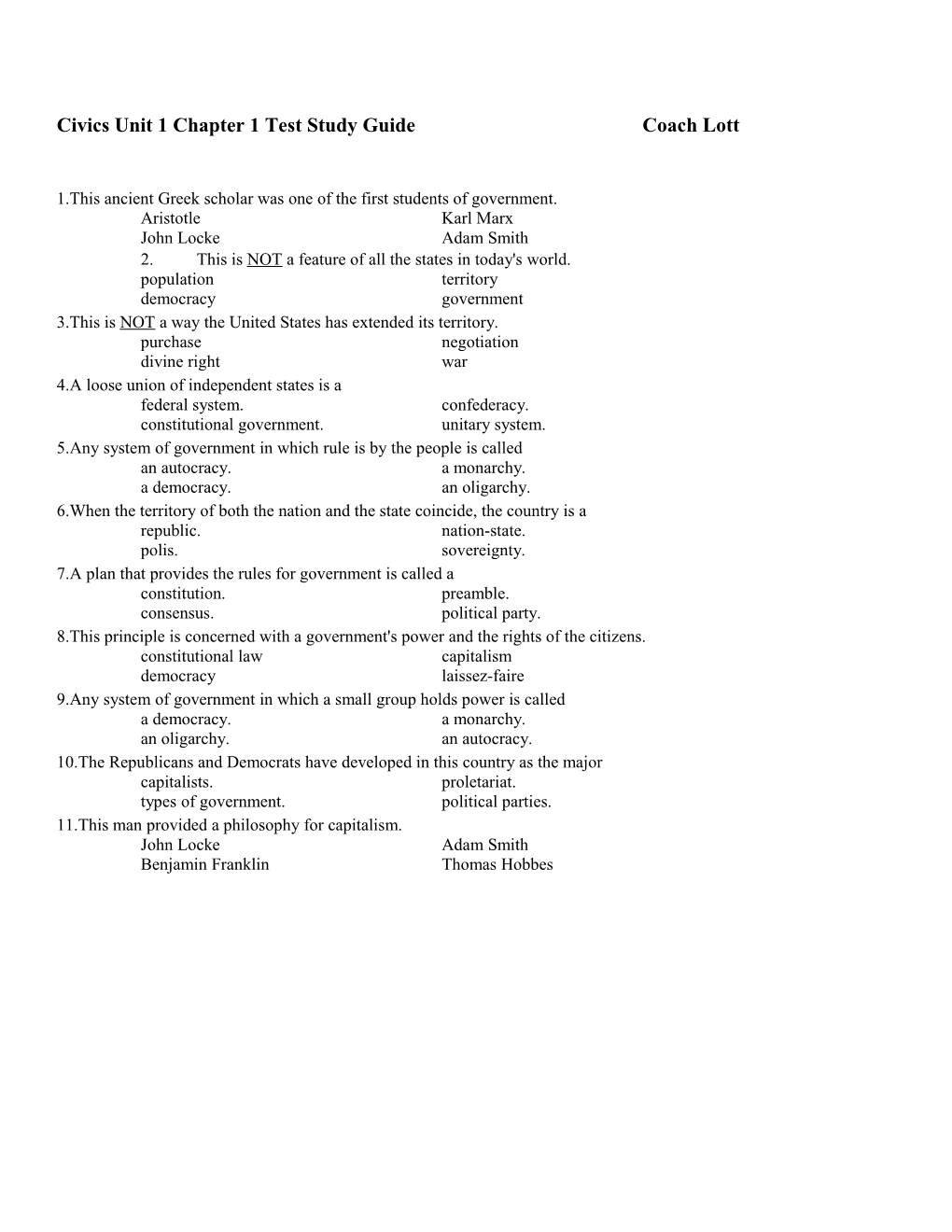 Civics Unit 1 Chapter 1 Test Study Guide Coach Lott