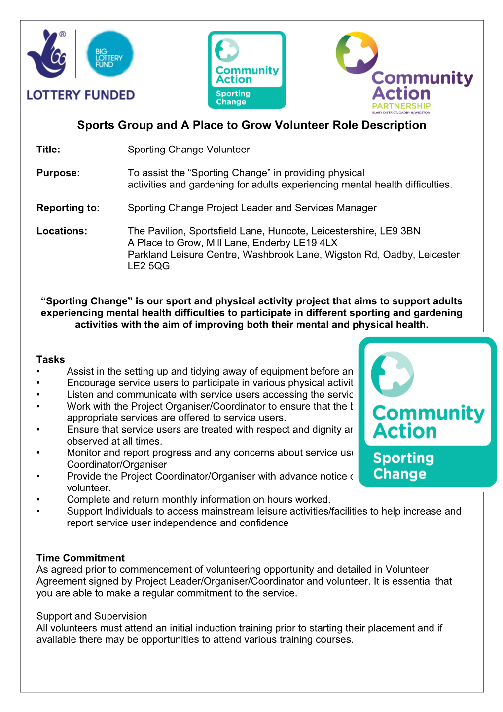 Sports Group and a Place to Grow Volunteer Role Description