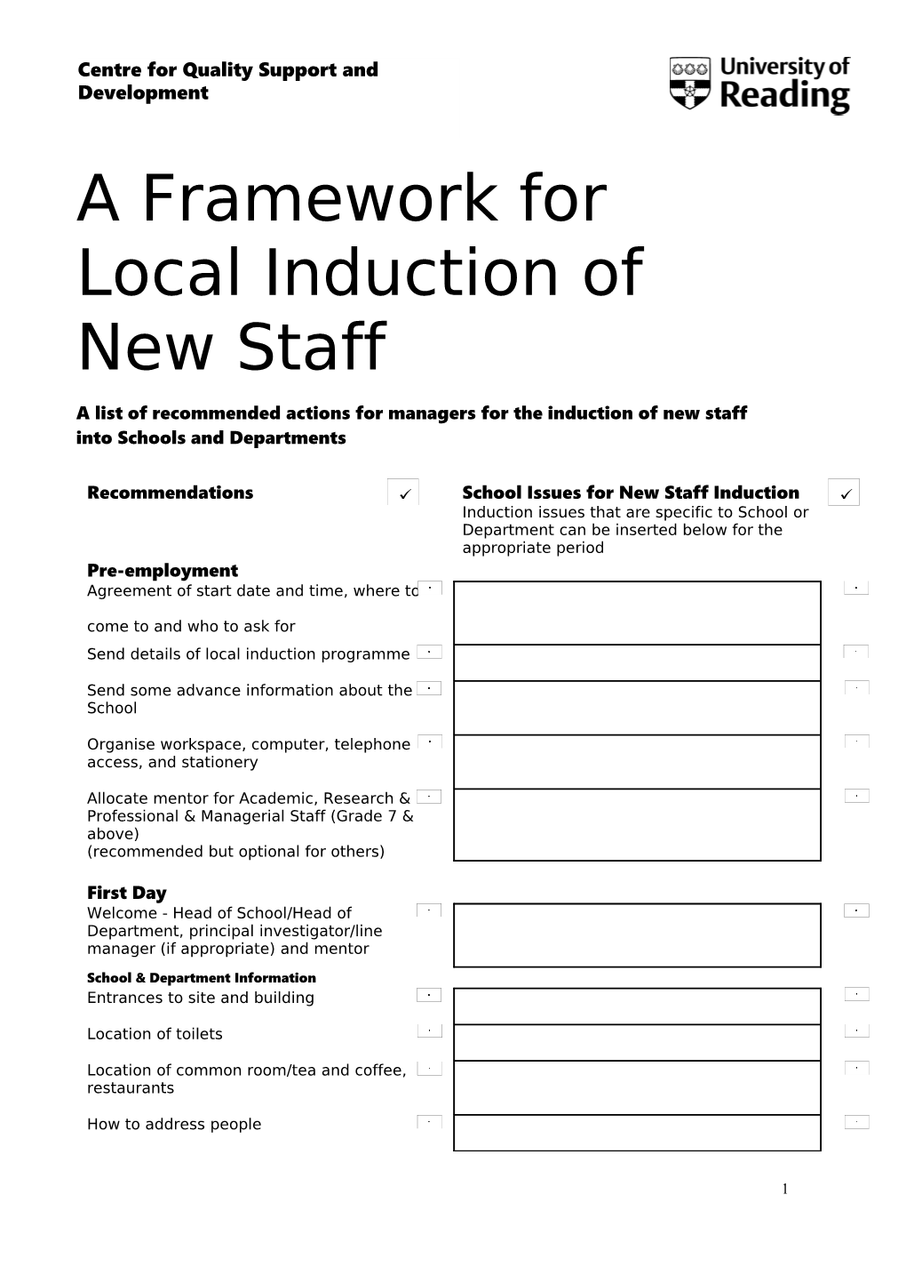 A Framework for Local Induction of New Staff This Is a List of Recommended Actions For