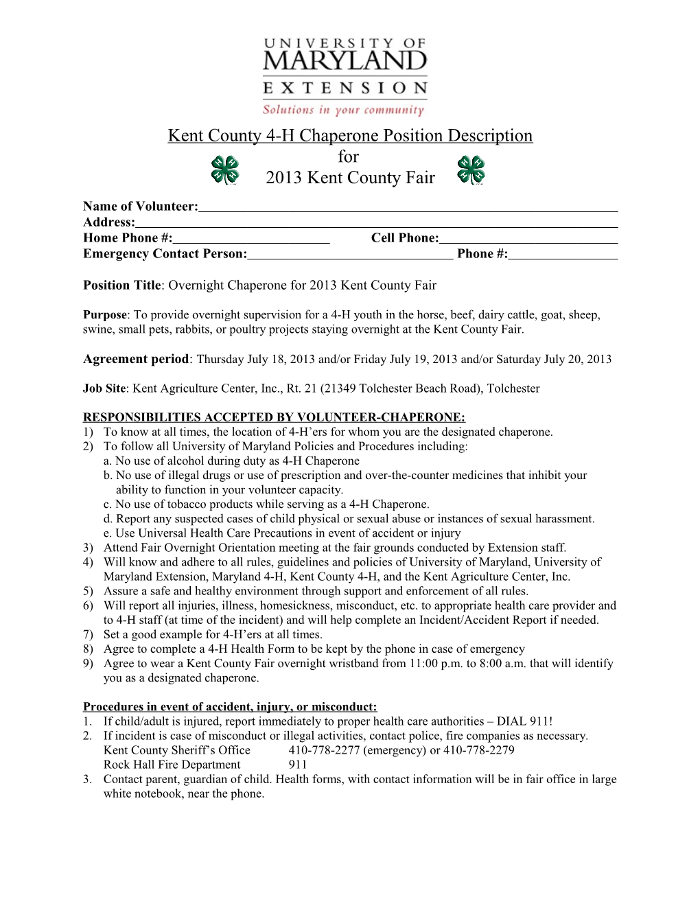 Kent County 4-H Chaperone Job Description
