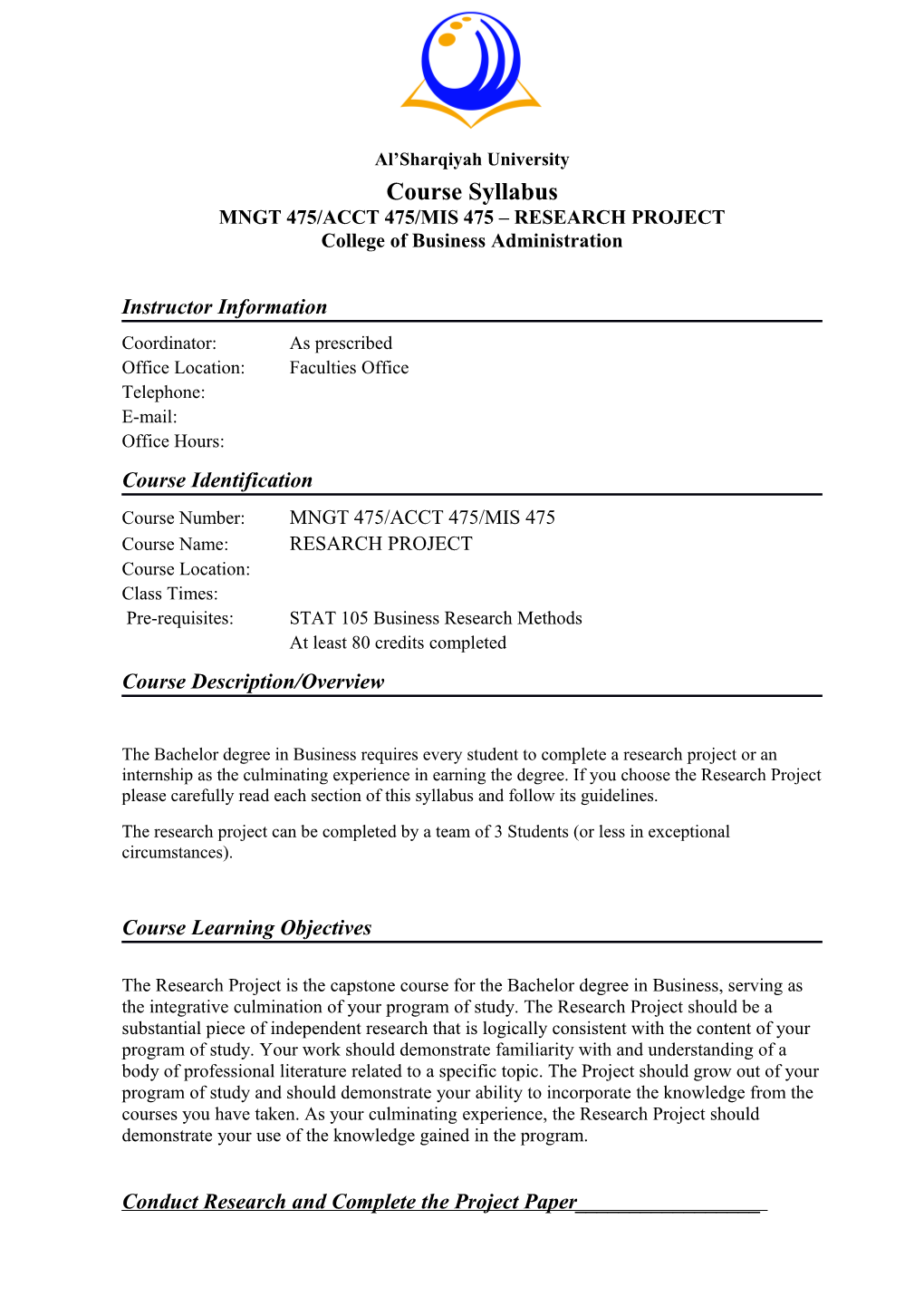 Mngt 475/Acct 475/Mis 475 Research Project