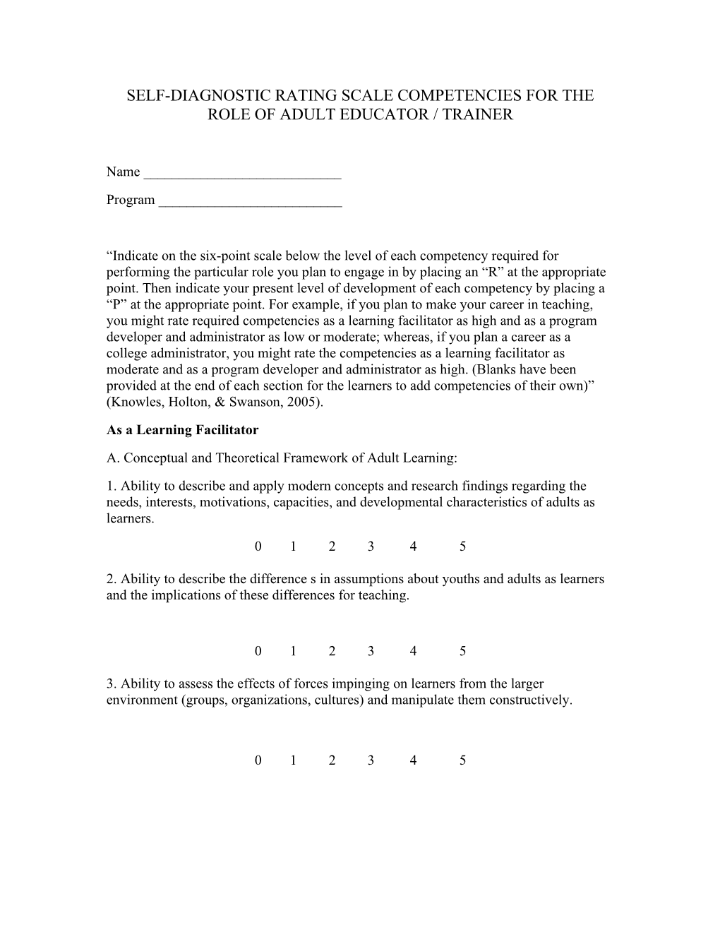 Self-Diagnostic Rating Scale Competencies for the Role of Adult Educator / Trainer