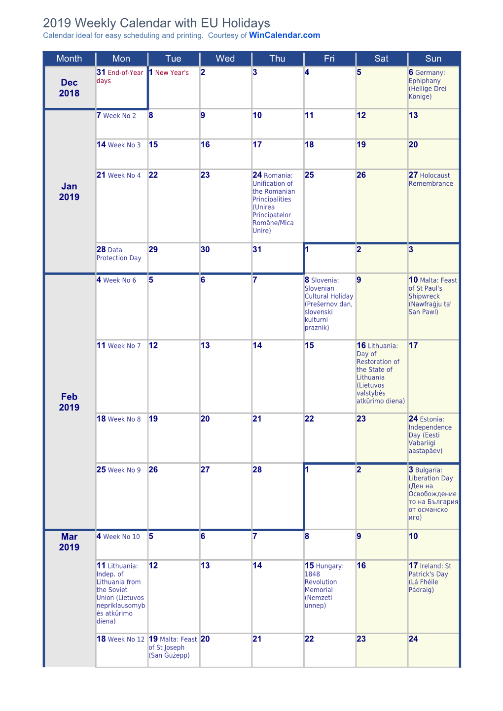 Weekly Calendar 2019 with Festive and National Holidays European Union
