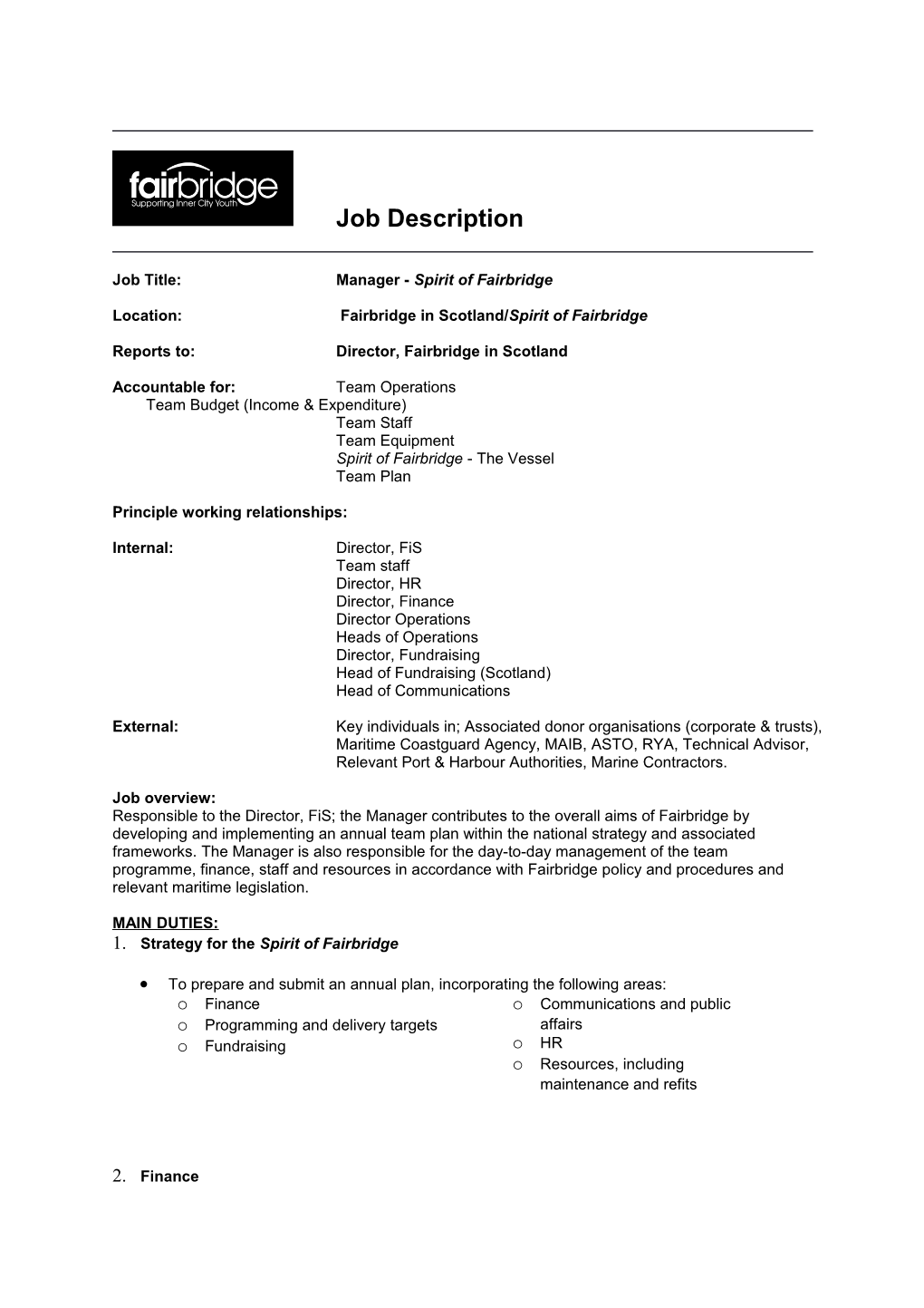 Job Title: Manager - Spirit of Fairbridge