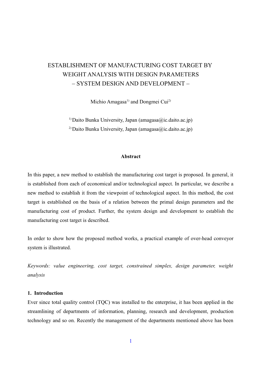 Manufacturing Cost Target by Weight Analysis