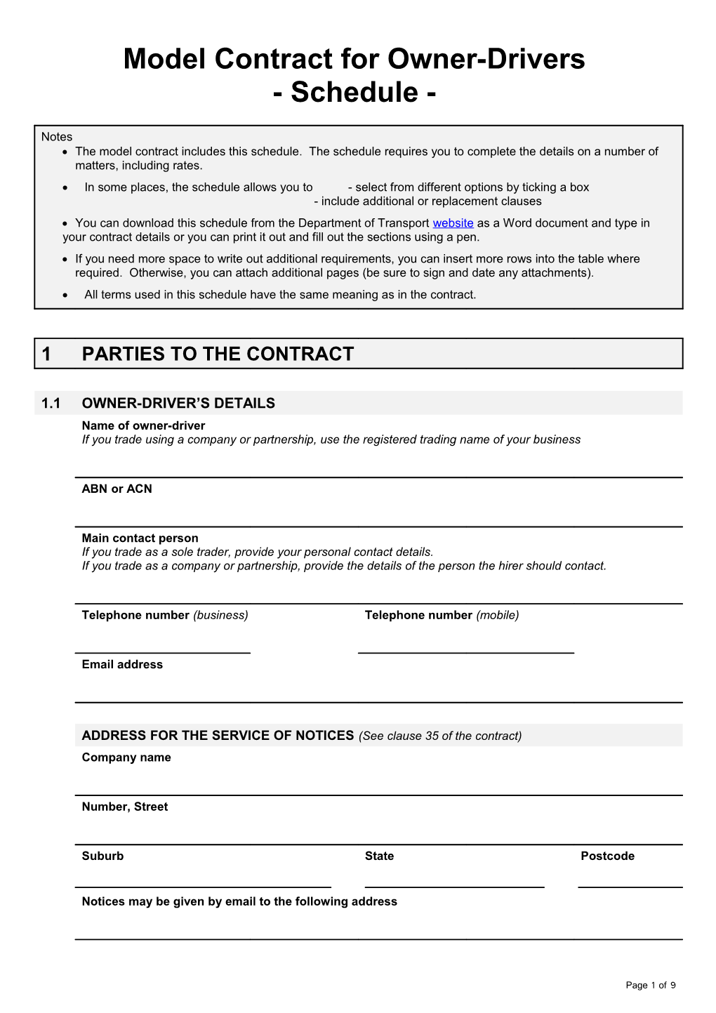 Model Contract for Owner-Drivers