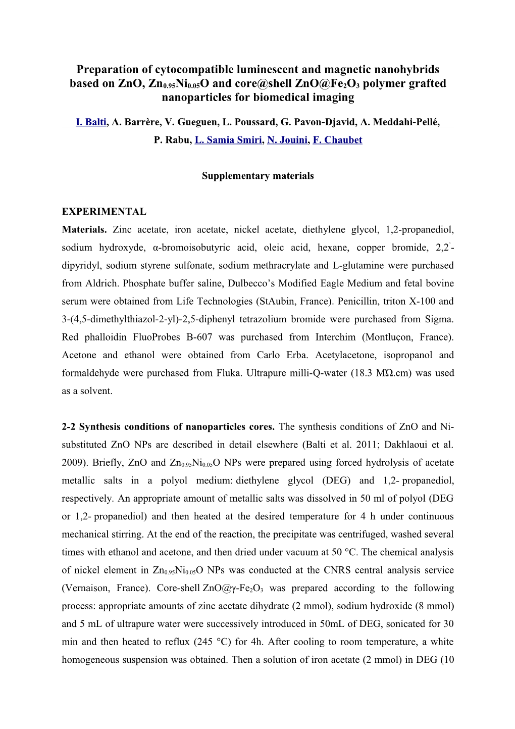 Preparation of Cytocompatible Luminescent and Magnetic Nanohybrids Based on Zno, Zn0