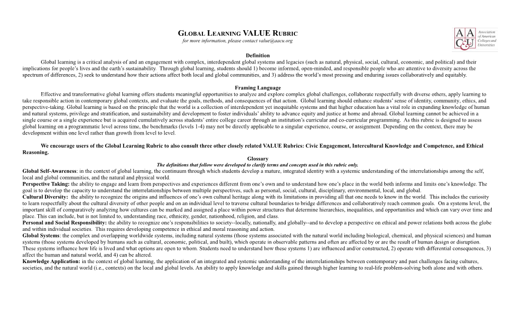 Global Learning VALUE Rubric