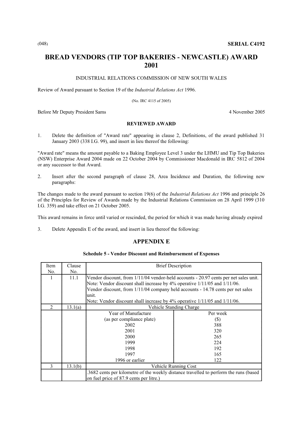 Bread Vendors (Tip Top Bakeries - Newcastle) Award 2001