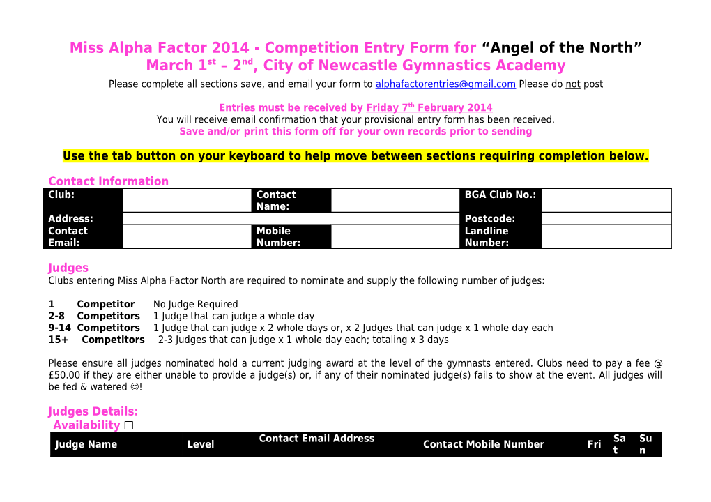 Miss Alpha Factor 2011 Competition Entry Form