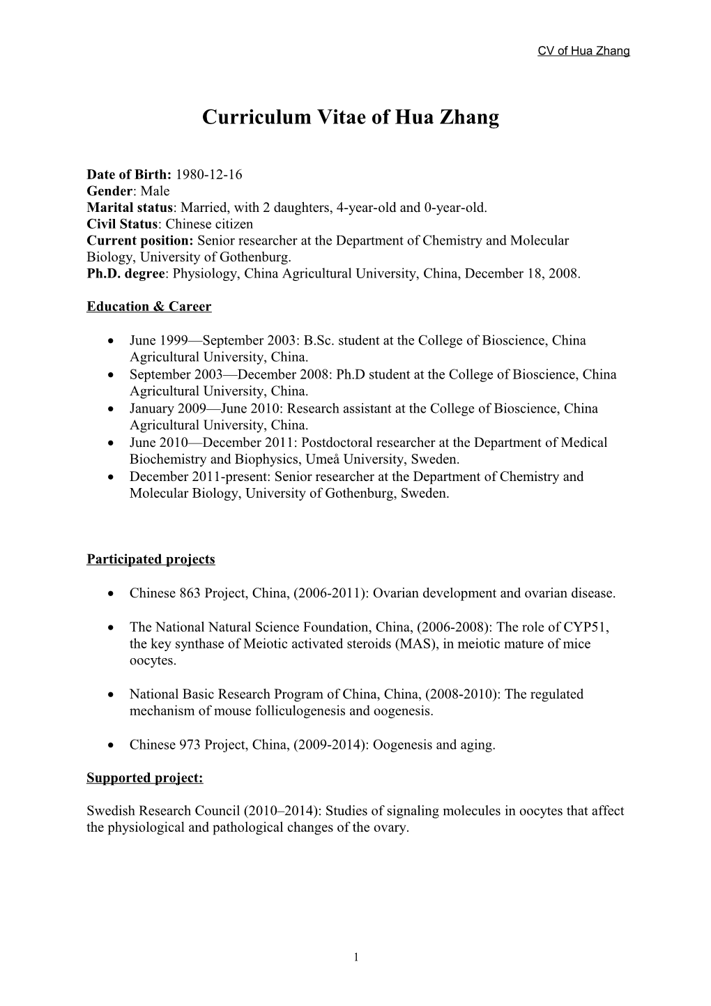 Curriculum Vitae of Hua Zhang
