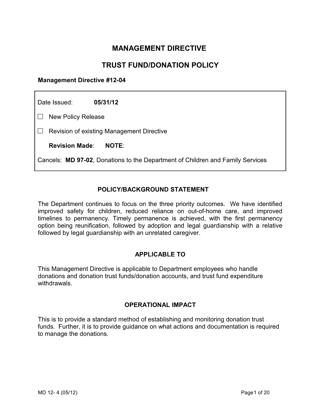 MD 12-04, Trust Fund/Donation Policy