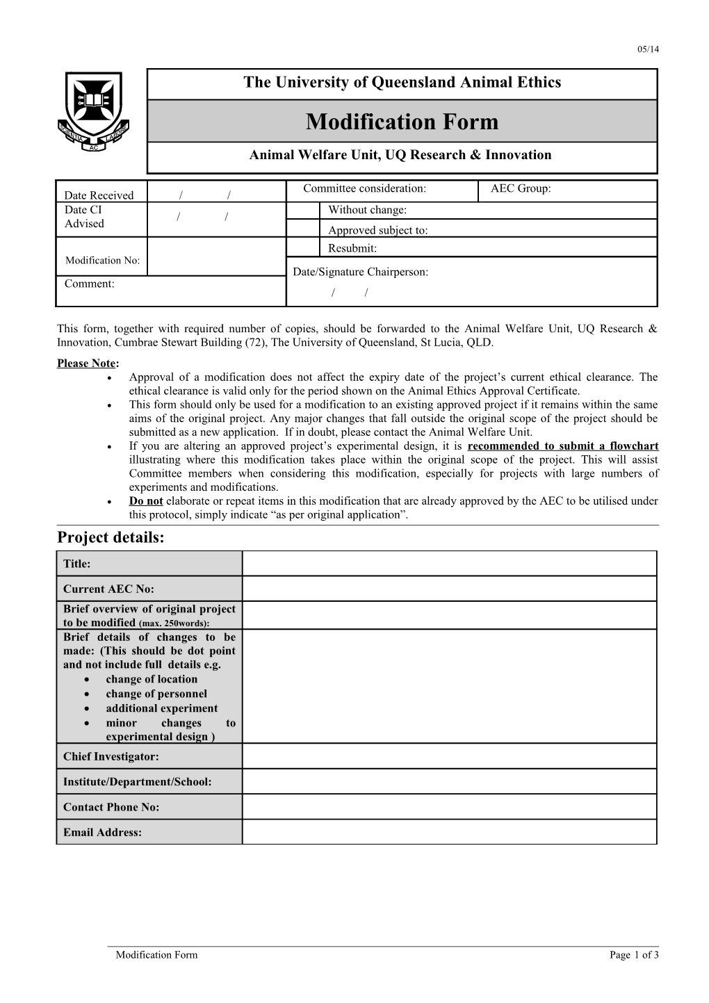 Animal Ethics Committee Modification Form
