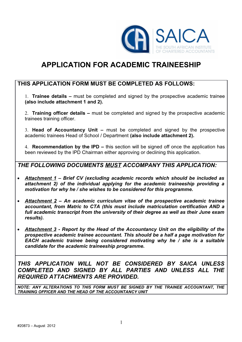 Application for Academic Traineeship