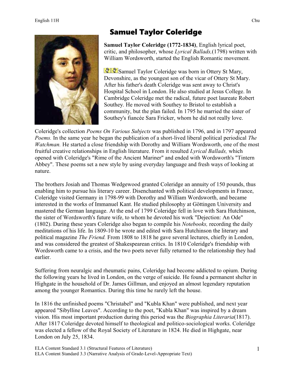 Samuel Taylor Coleridge (1772-1834) , English Lyrical Poet, Critic, and Philosopher, Whose