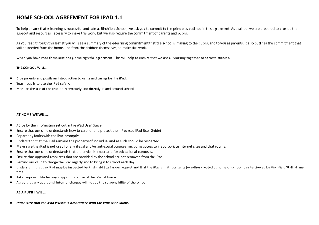 Birchfield HOME SCHOOL AGREEMENT for IPAD 1-1