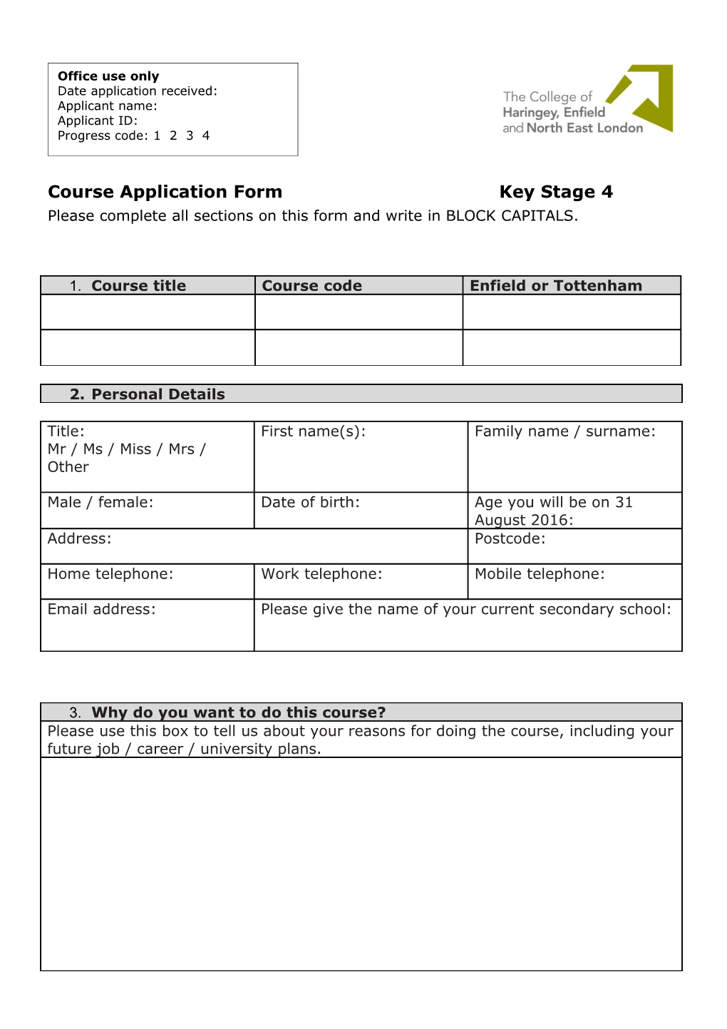 Course Application Form Key Stage 4