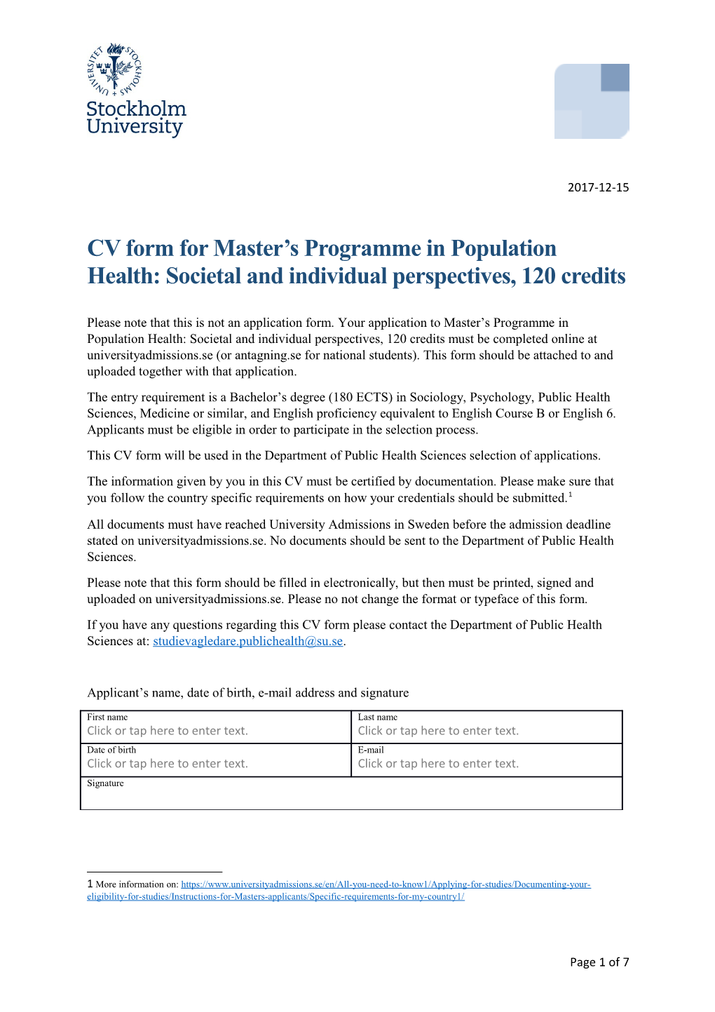 CV Form for Master S Programme in Population Health: Societal and Individual Perspectives