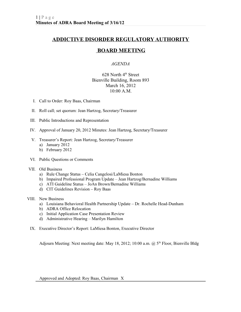 Minutes of ADRA Board Meeting of 3/16/12