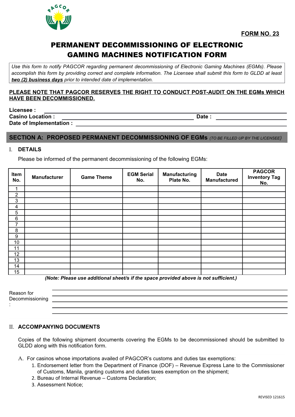 Gaming Machines Notification Form