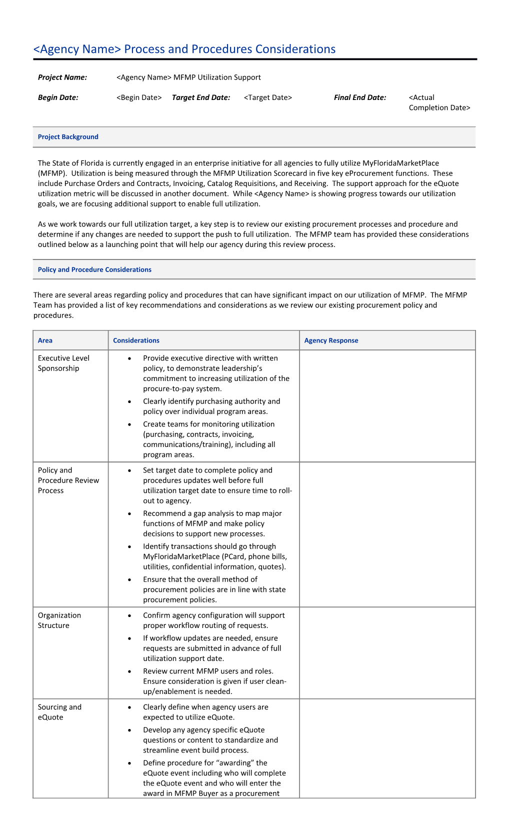 &lt;Agency Name&gt; Process and Procedures Considerations