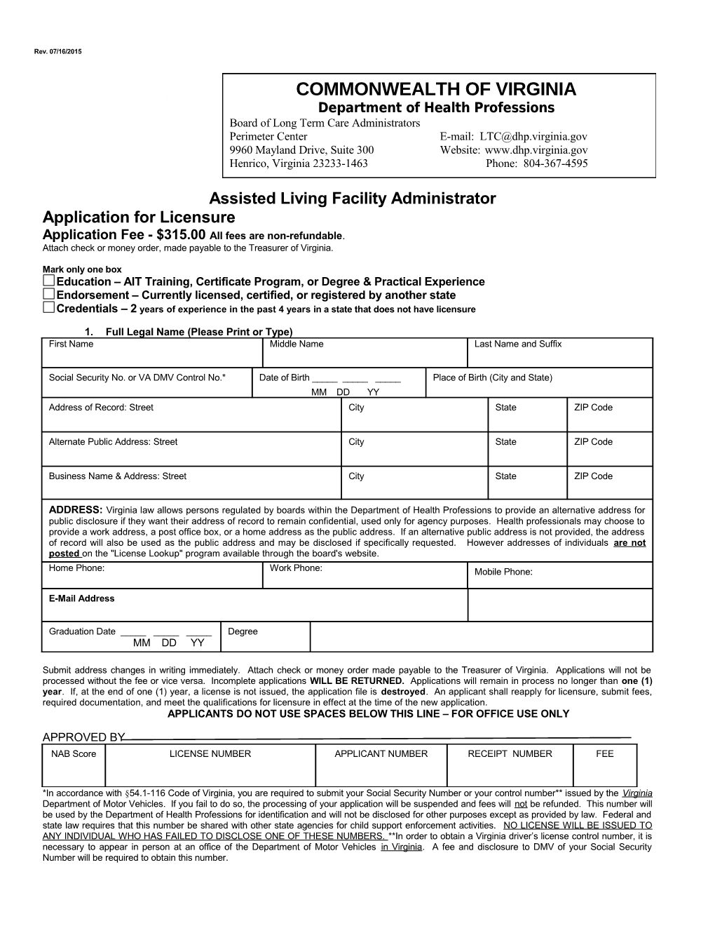 Assisted Living Facility Administrator Application for Licensure