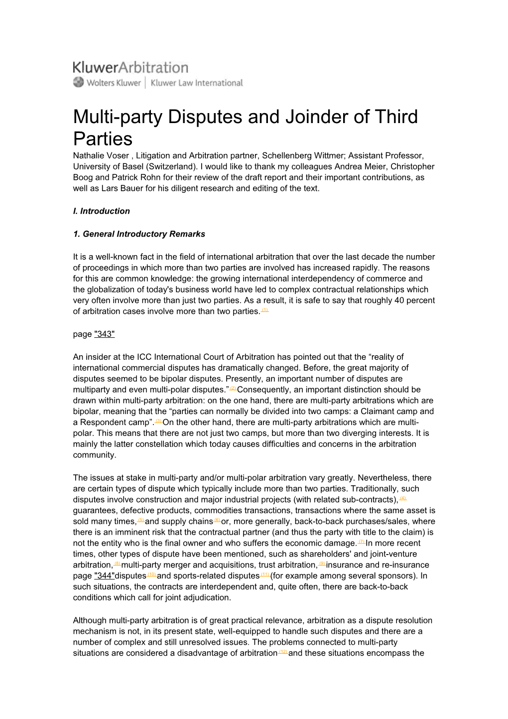 Multi-Party Disputes and Joinder of Third Parties