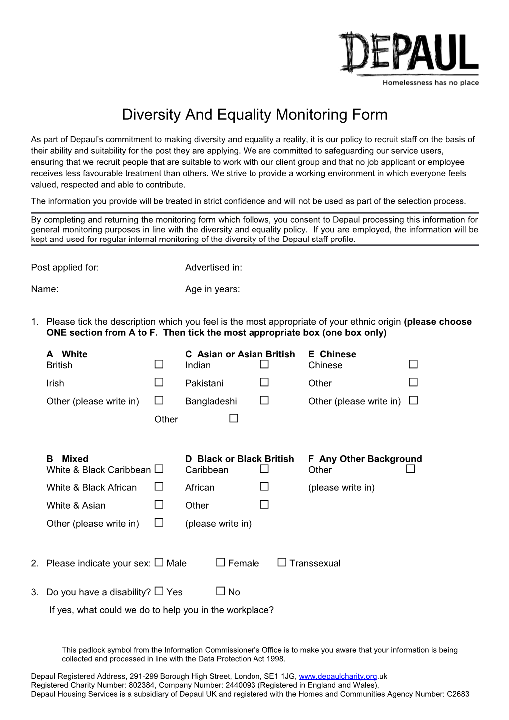 Diversity and Equality Monitoring Form