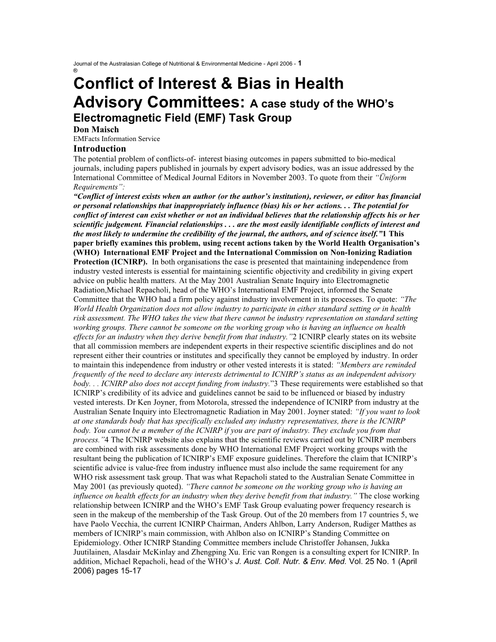 Conflict of Interest & Bias in Health