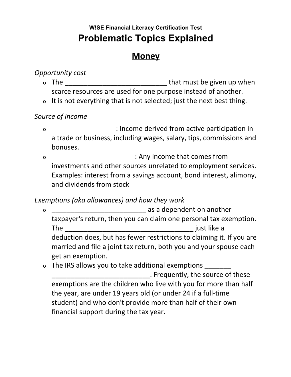 W!SE Financial Literacy Certification Test Problematic Topics Explained