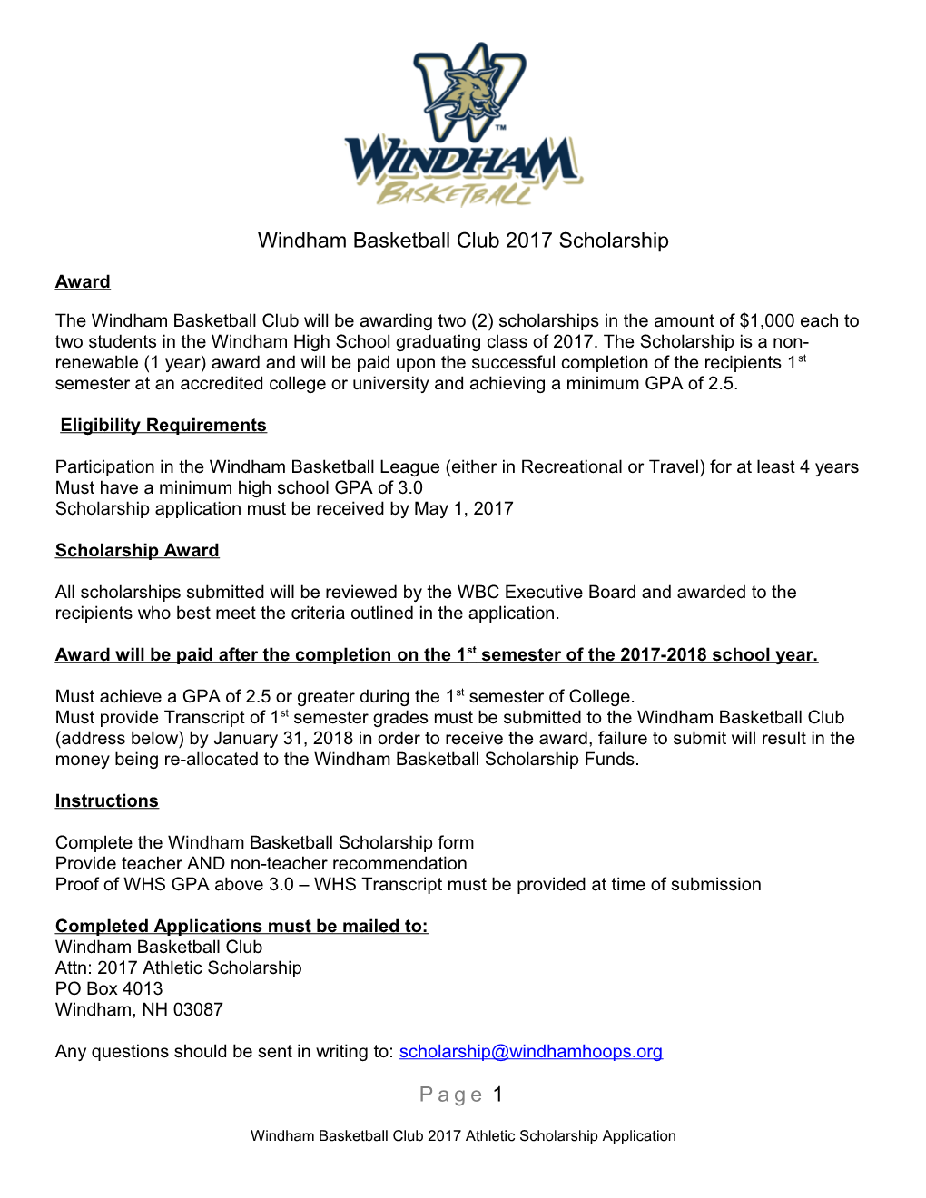 Windham Basketball Club2017 Scholarship