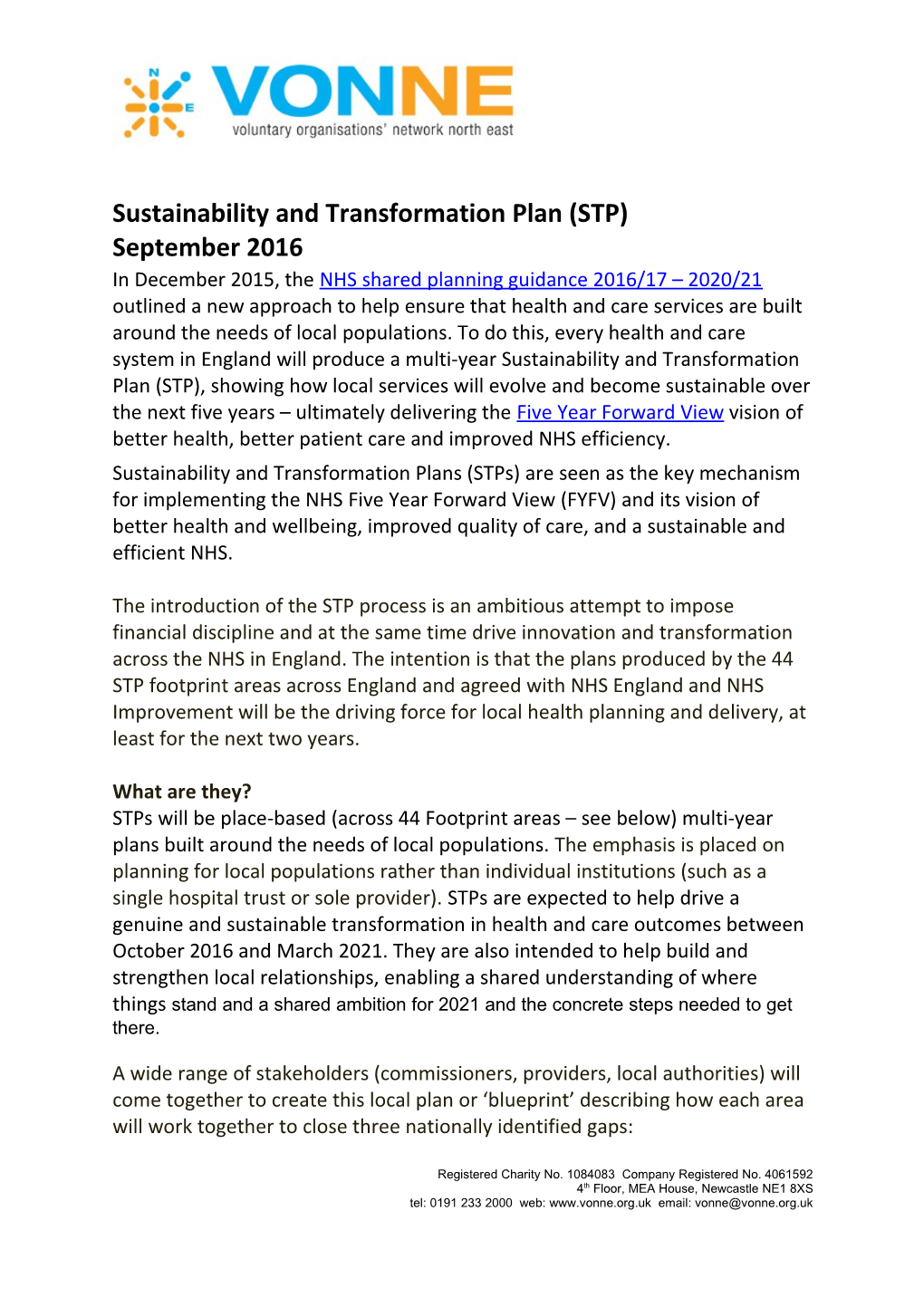 Sustainability and Transformation Plan (STP) September 2016