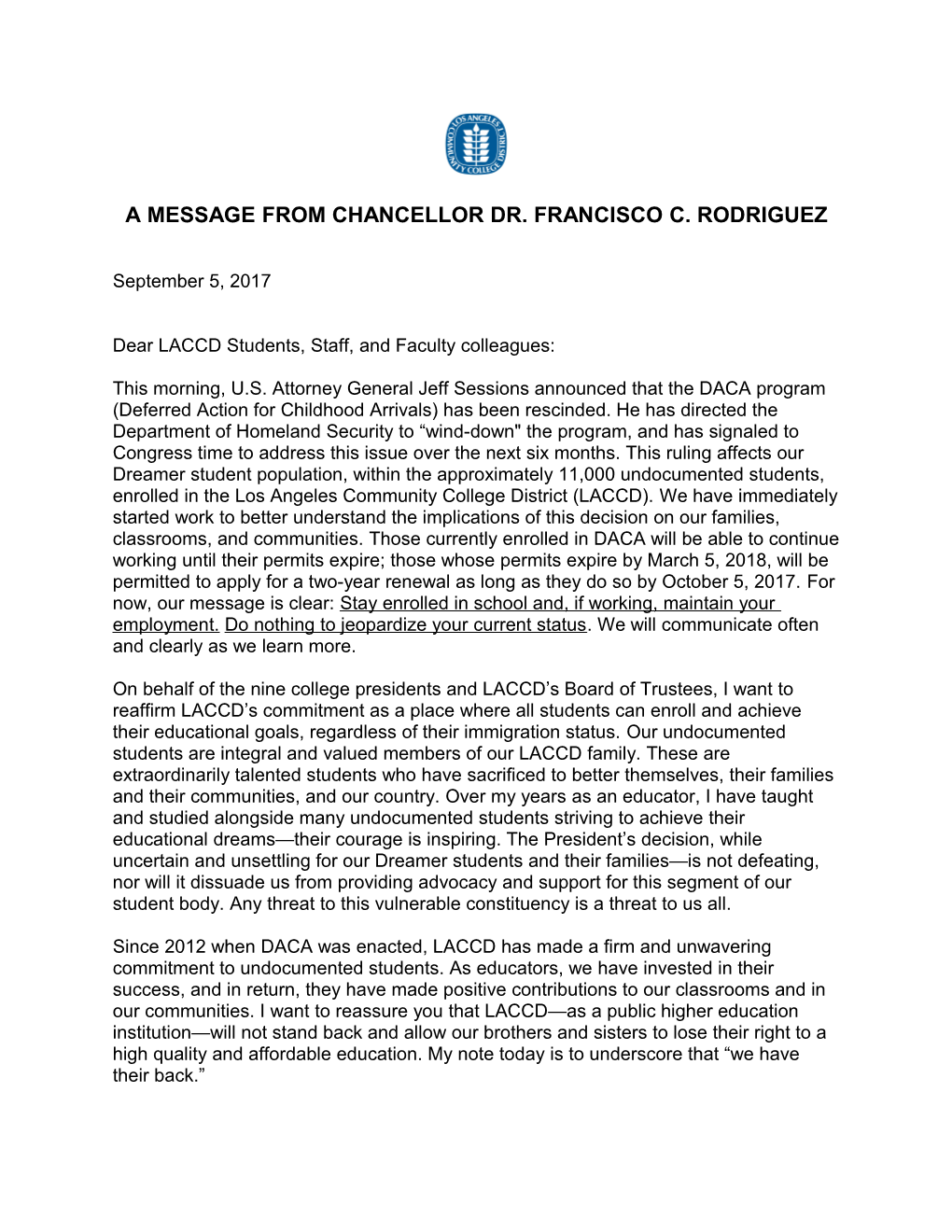 A Message from Chancellor Dr. Francisco C. Rodriguez