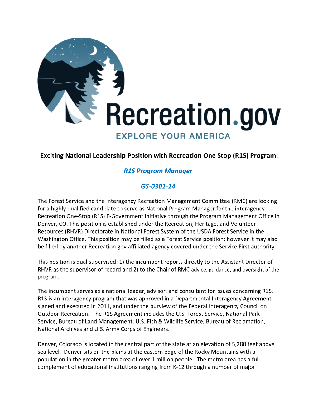 Exciting National Leadership Position with Recreation One Stop (R1S) Program