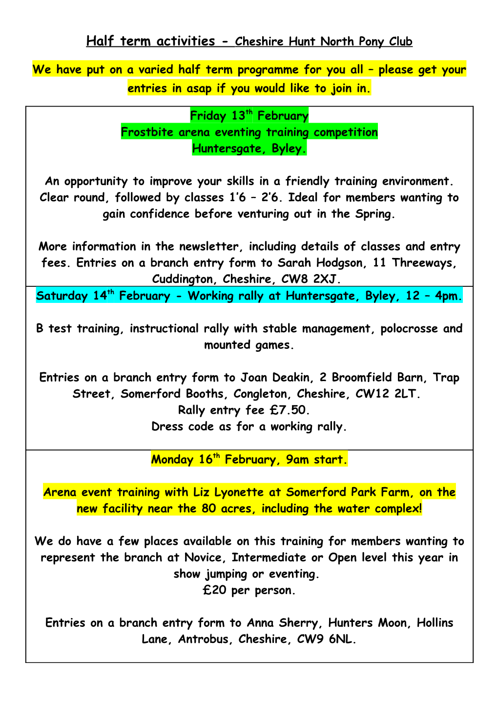 Half Term Activities - Cheshire Hunt North Pony Club