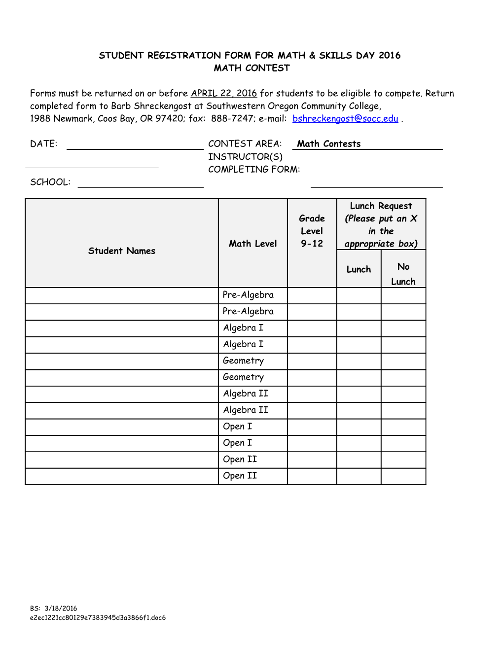 Student Registration Form for Skills Day 2003