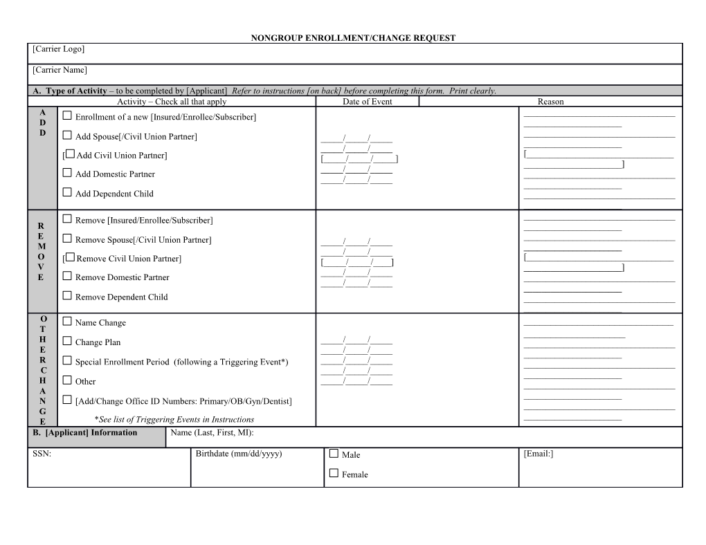 Nongroup Enrollment/Change Request