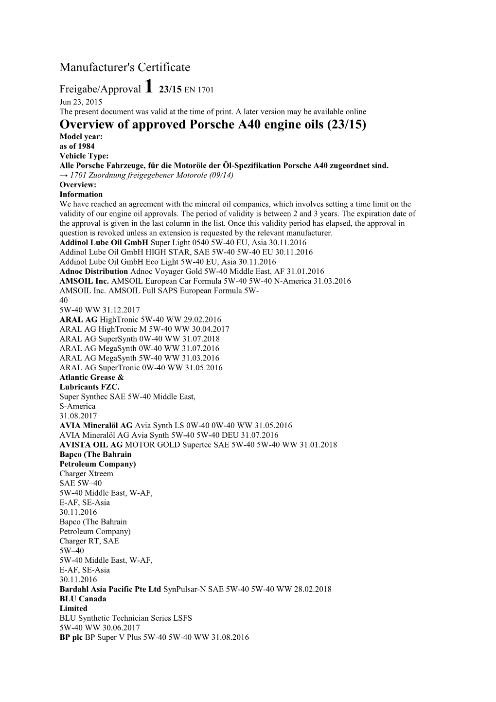 Overview of Approved Porsche A40 Engine Oils (23/15)