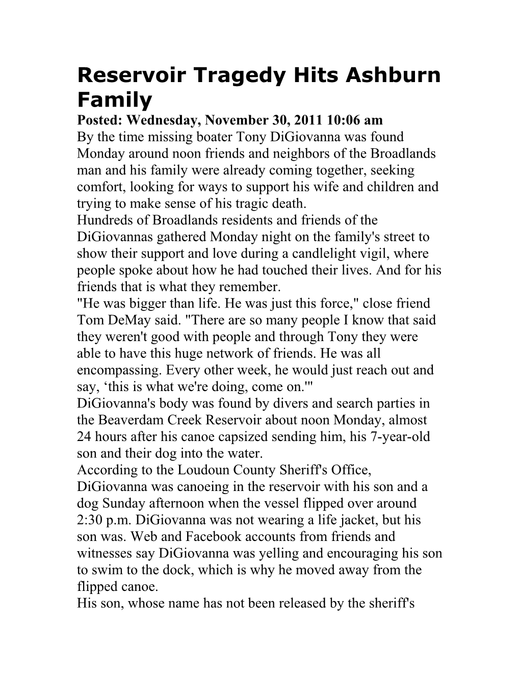 Reservoir Tragedy Hits Ashburn Family