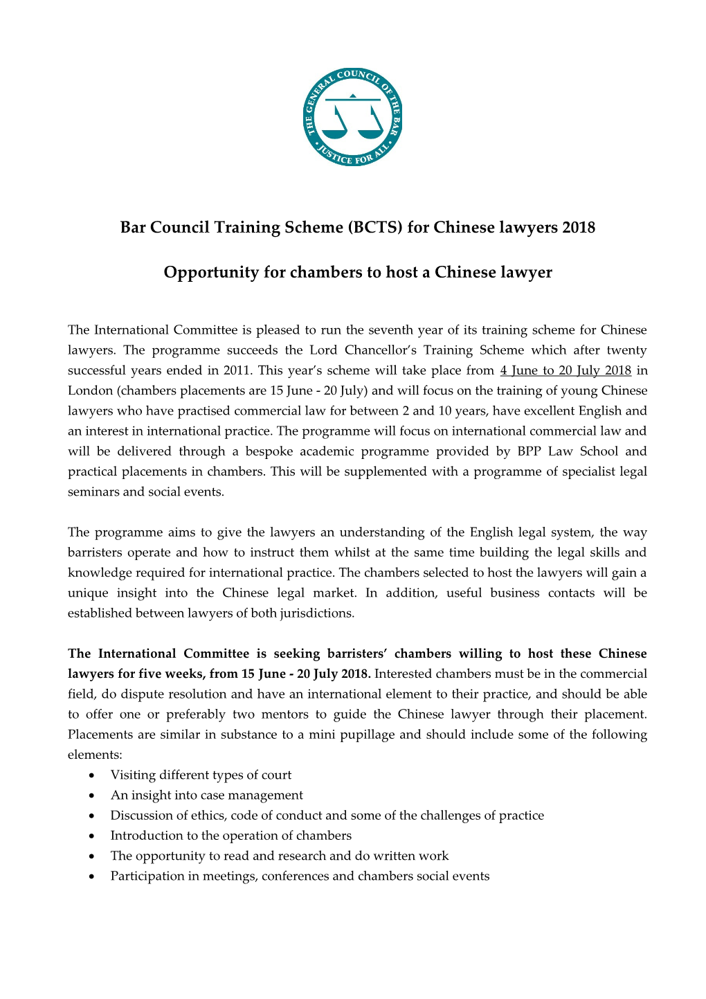 Bar Council Training Scheme (BCTS) for Chinese Lawyers 2018