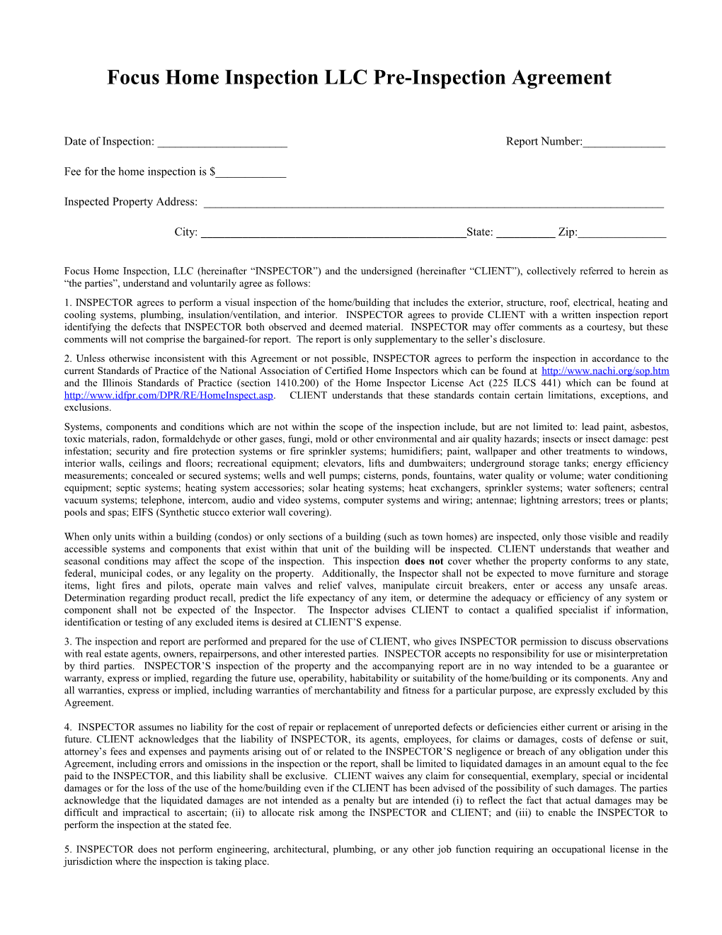 Focus Home Inspection LLC Pre-Inspection Agreement