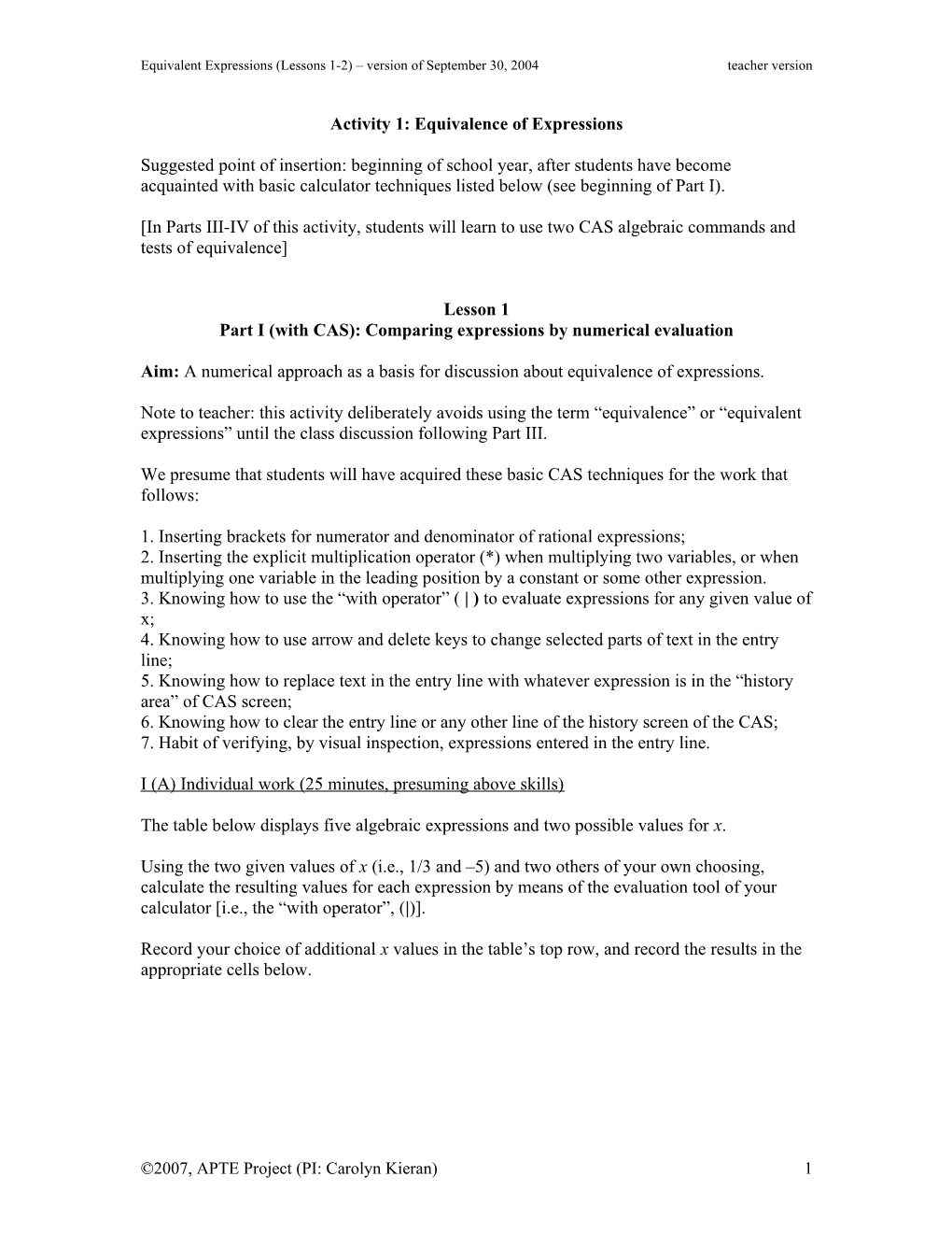 Equivalence of Expressions (Activity 1)