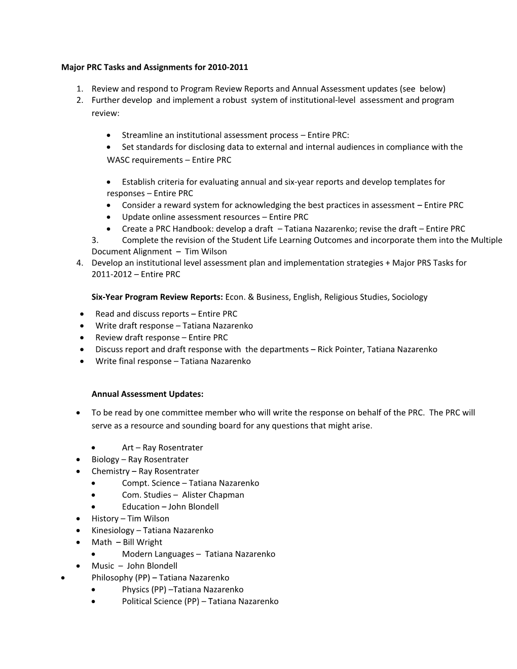 Major PRC Tasks and Assignments for 2010-2011